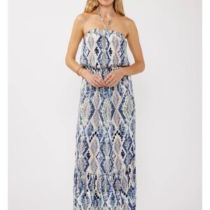 Lovestitch halter maxi dress designed in a blue bohemian print , see 2nd image .